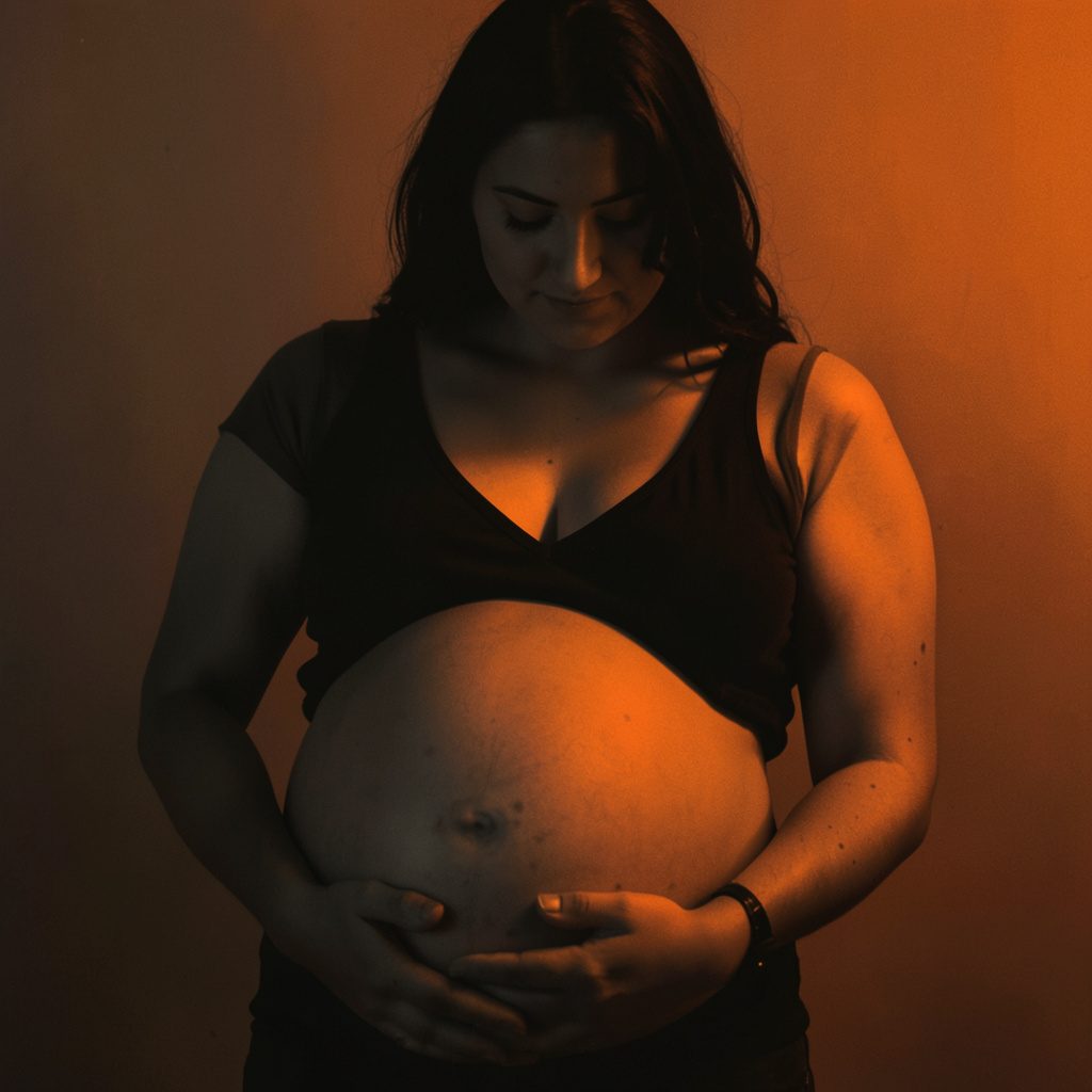 Duotone portrait in deep indigo and warm peach showing a quiet maternal moment, calm supportive mood