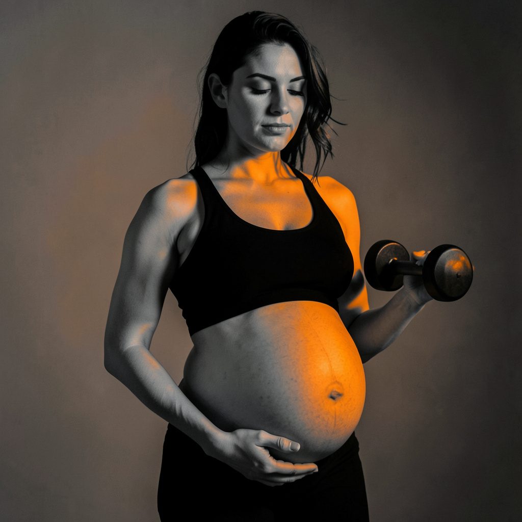 A pregnant woman holding small dumbbells, rendered in a bold two-tone duotone style with calm purple and orange tones
